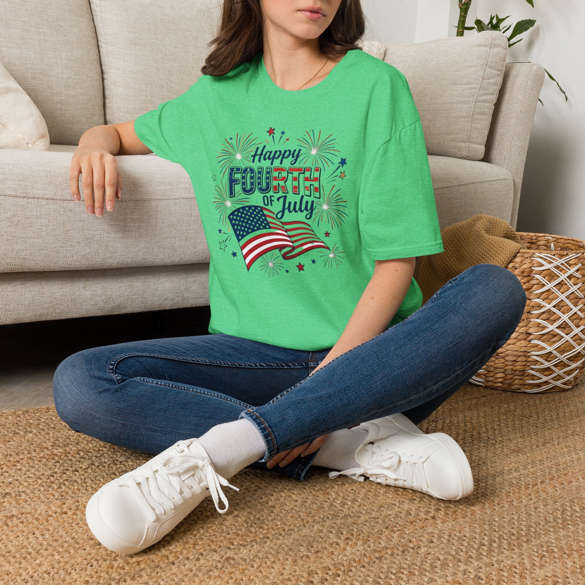 Fourth of July T-Shirt — "Happy Fourth of July" Patriotic Fireworks Flag Tee