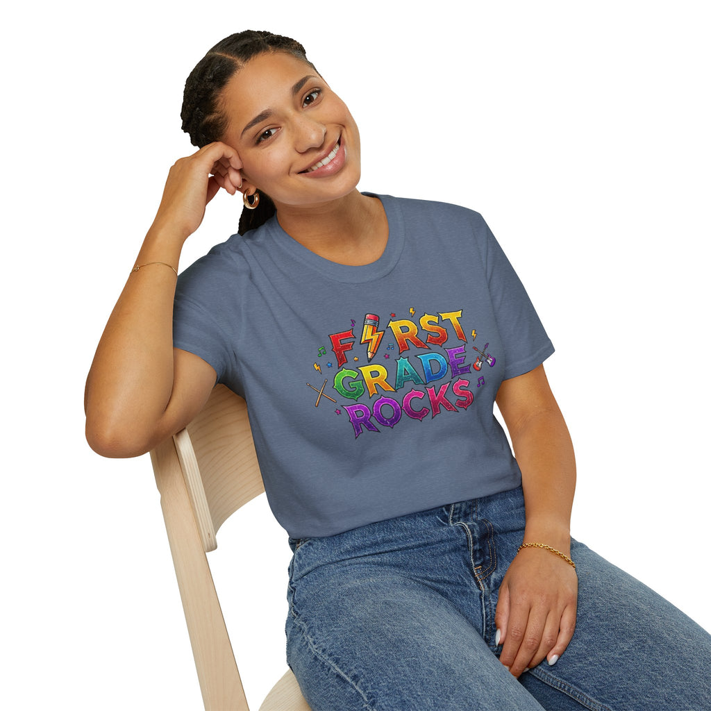 First Grade Rocks T-Shirt — Colorful Back-to-School Tee for Teachers & Students