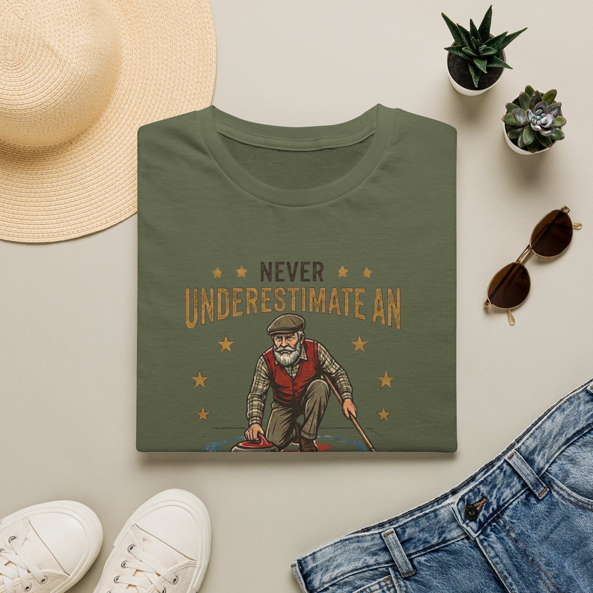T‑Shirt — "Never Underestimate an Old Man with a Broom" Vintage Curling Design