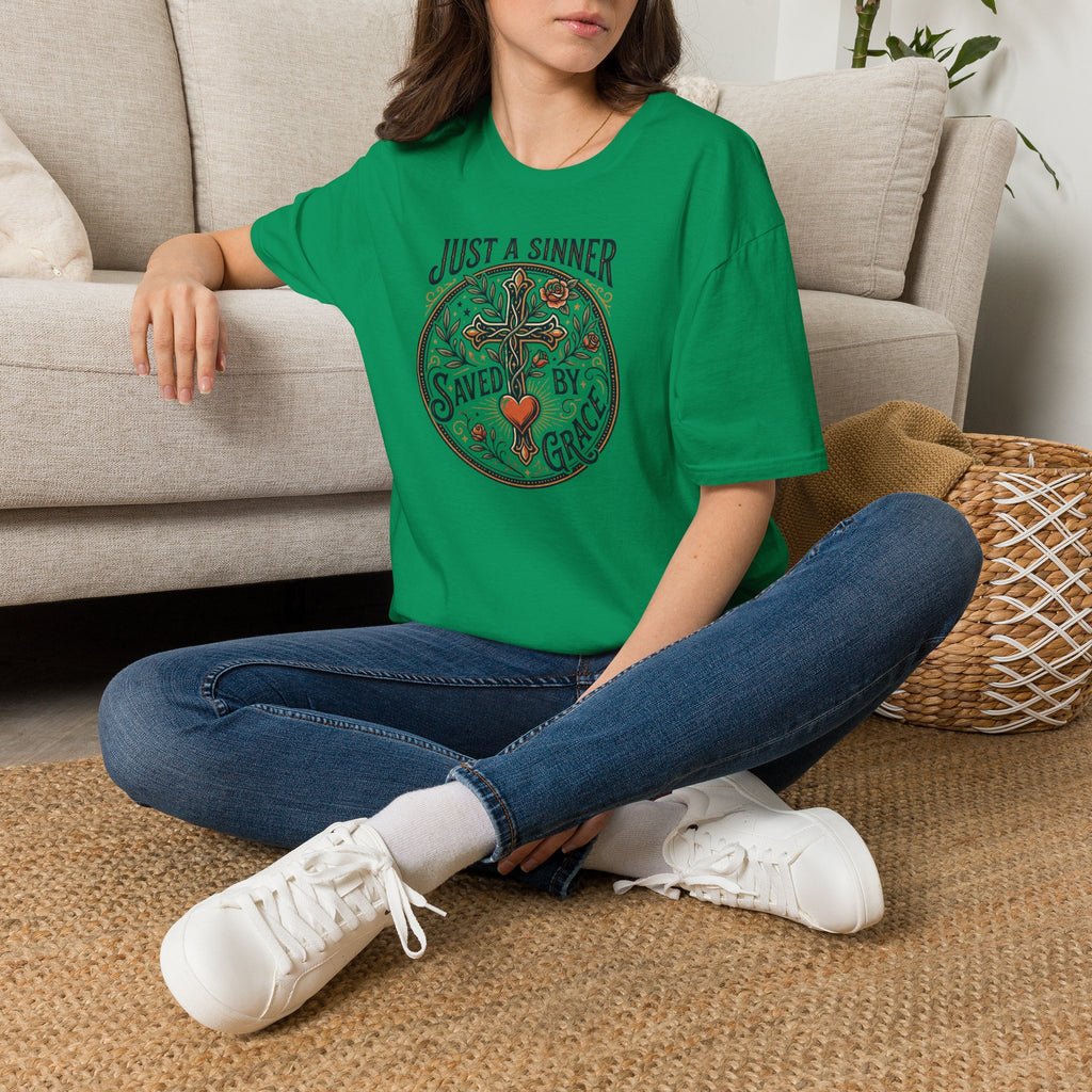 Christian Faith T-Shirt — "Just a Sinner, Saved by Grace" Cross Design