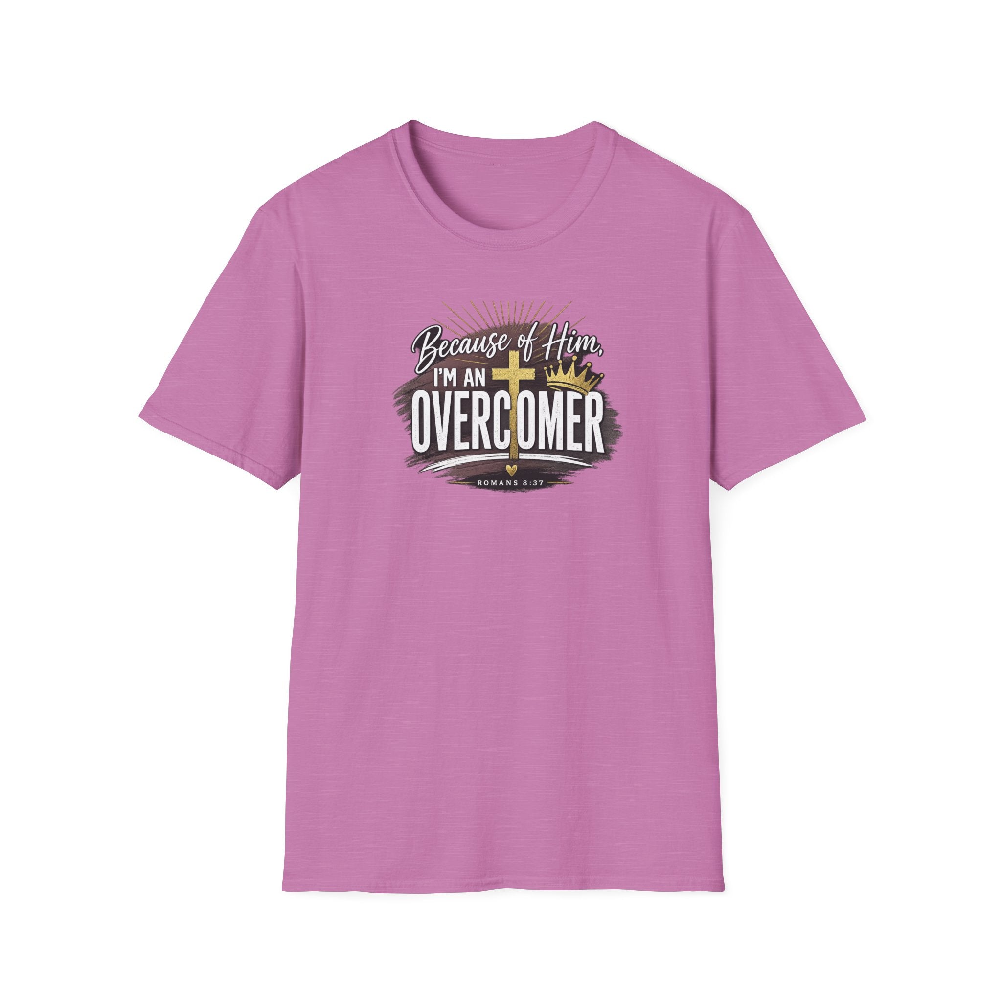 Because of Him I’m an Overcomer T-Shirt — Christian Inspirational Faith Tee