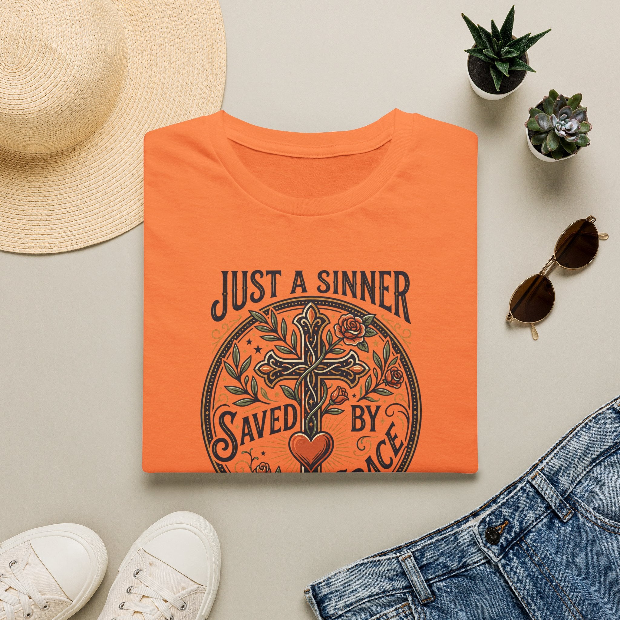 Christian Faith T-Shirt — "Just a Sinner, Saved by Grace" Cross Design
