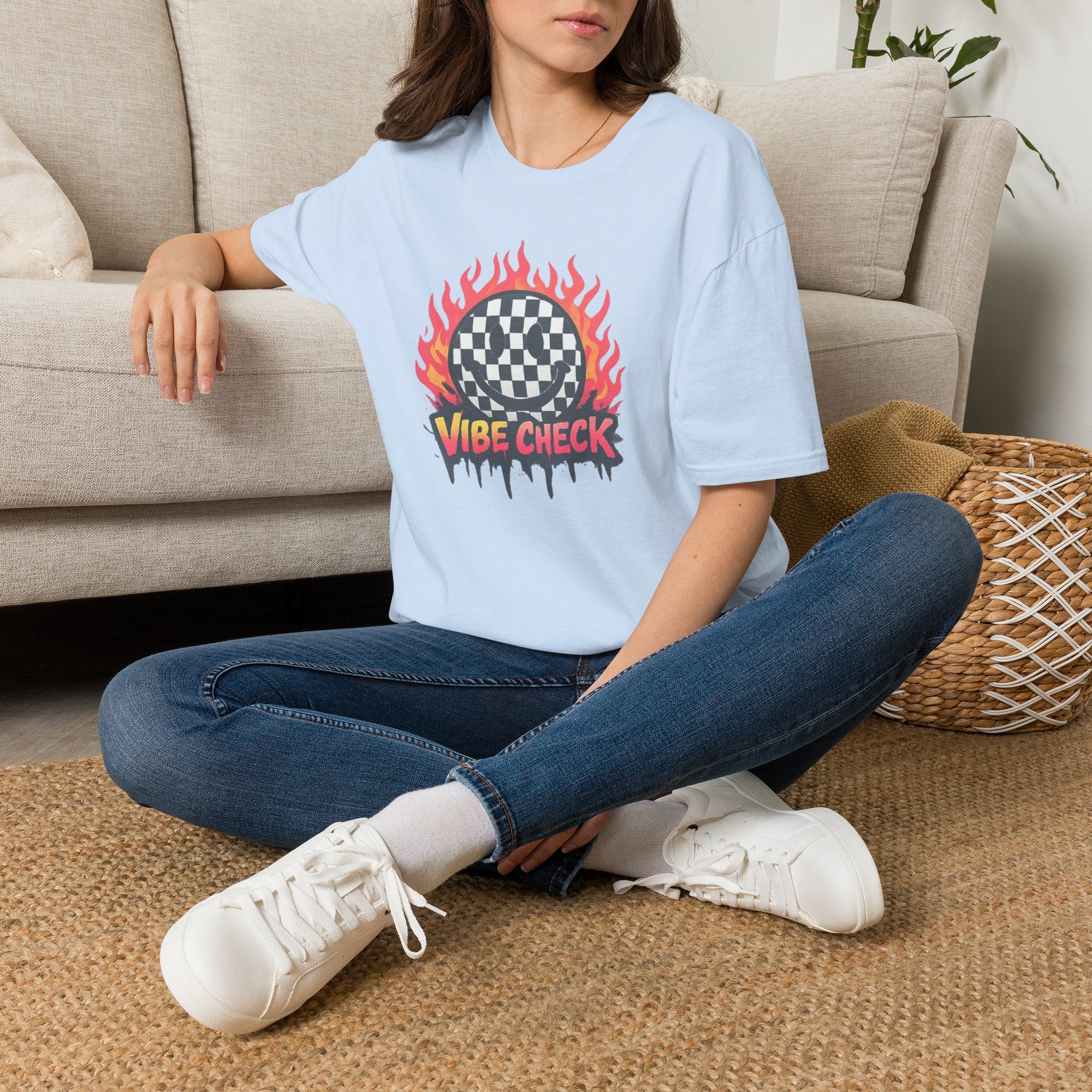 Vibe Check Graphic T-Shirt — Checkerboard Flame Design