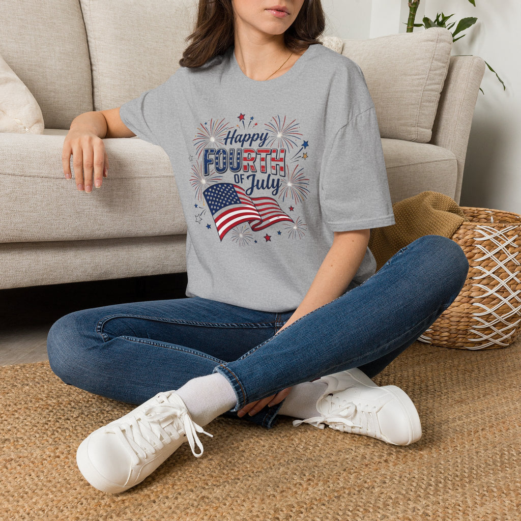 Fourth of July T-Shirt — "Happy Fourth of July" Patriotic Fireworks Flag Tee
