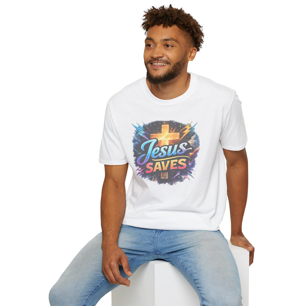 Jesus Saves T-Shirt — Colorful Cross Christian Faith Tee