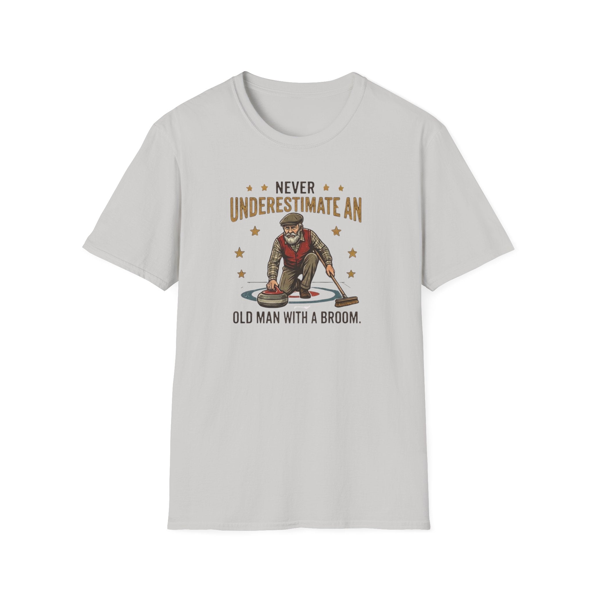 T‑Shirt — "Never Underestimate an Old Man with a Broom" Vintage Curling Design
