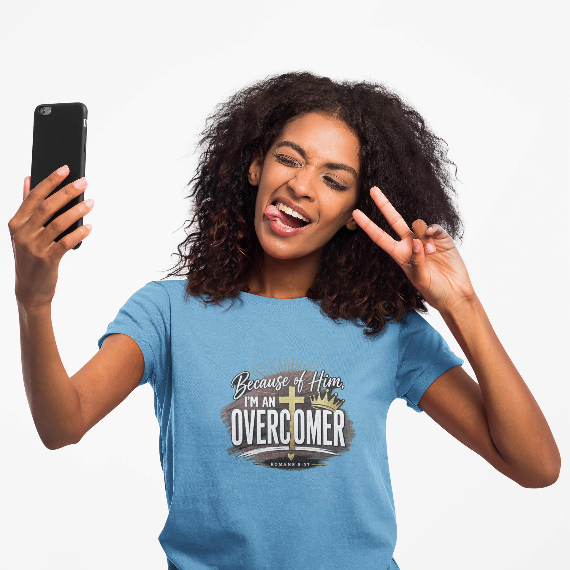 Because of Him I’m an Overcomer T-Shirt — Christian Inspirational Faith Tee
