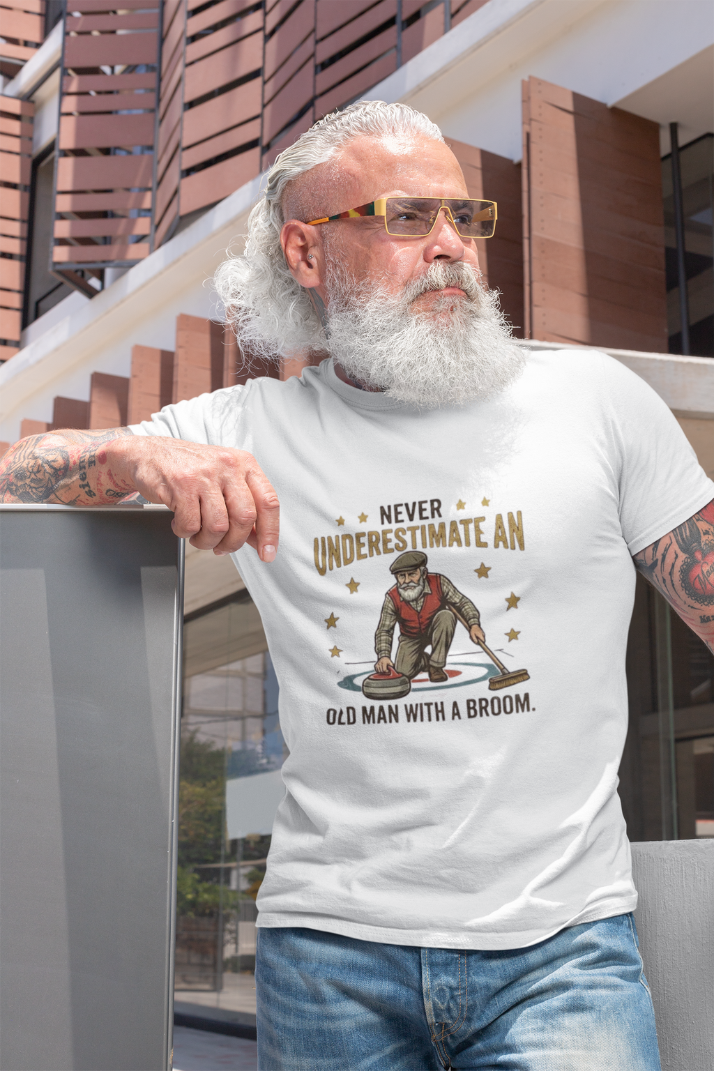 T‑Shirt — "Never Underestimate an Old Man with a Broom" Vintage Curling Design