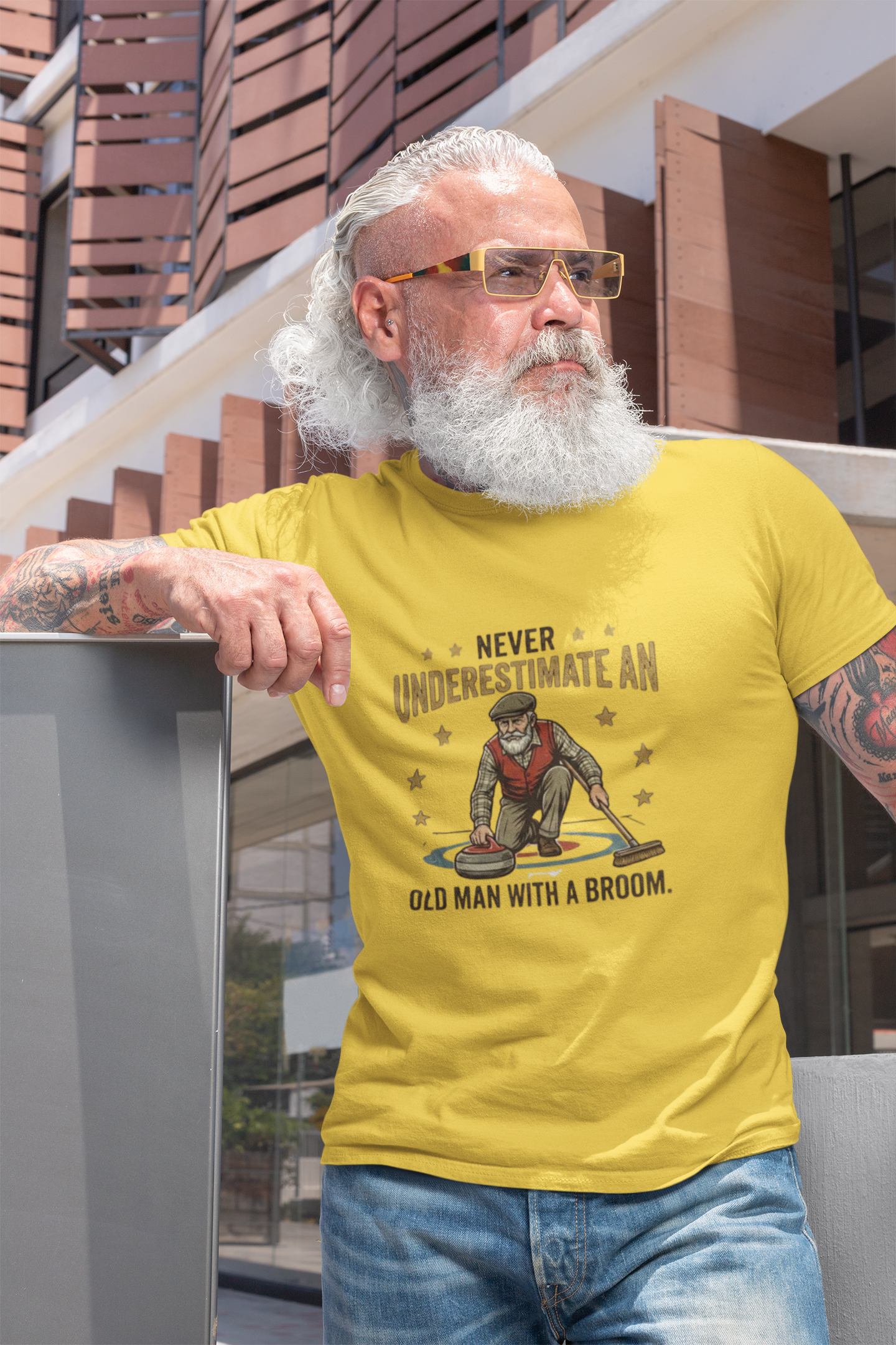 T‑Shirt — "Never Underestimate an Old Man with a Broom" Vintage Curling Design