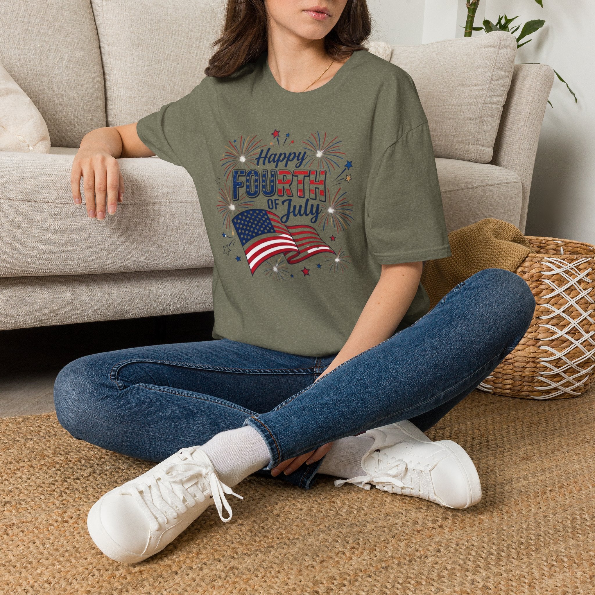 Fourth of July T-Shirt — "Happy Fourth of July" Patriotic Fireworks Flag Tee