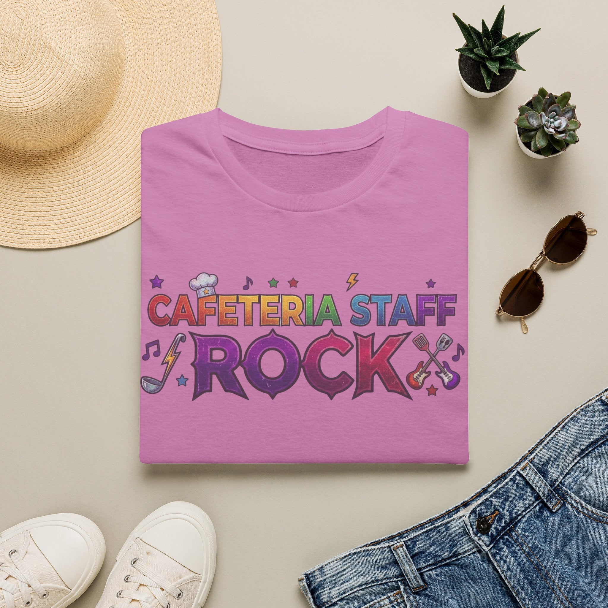 Cafeteria Staff Rock T-Shirt — Retro Rainbow School Lunch Crew Tee