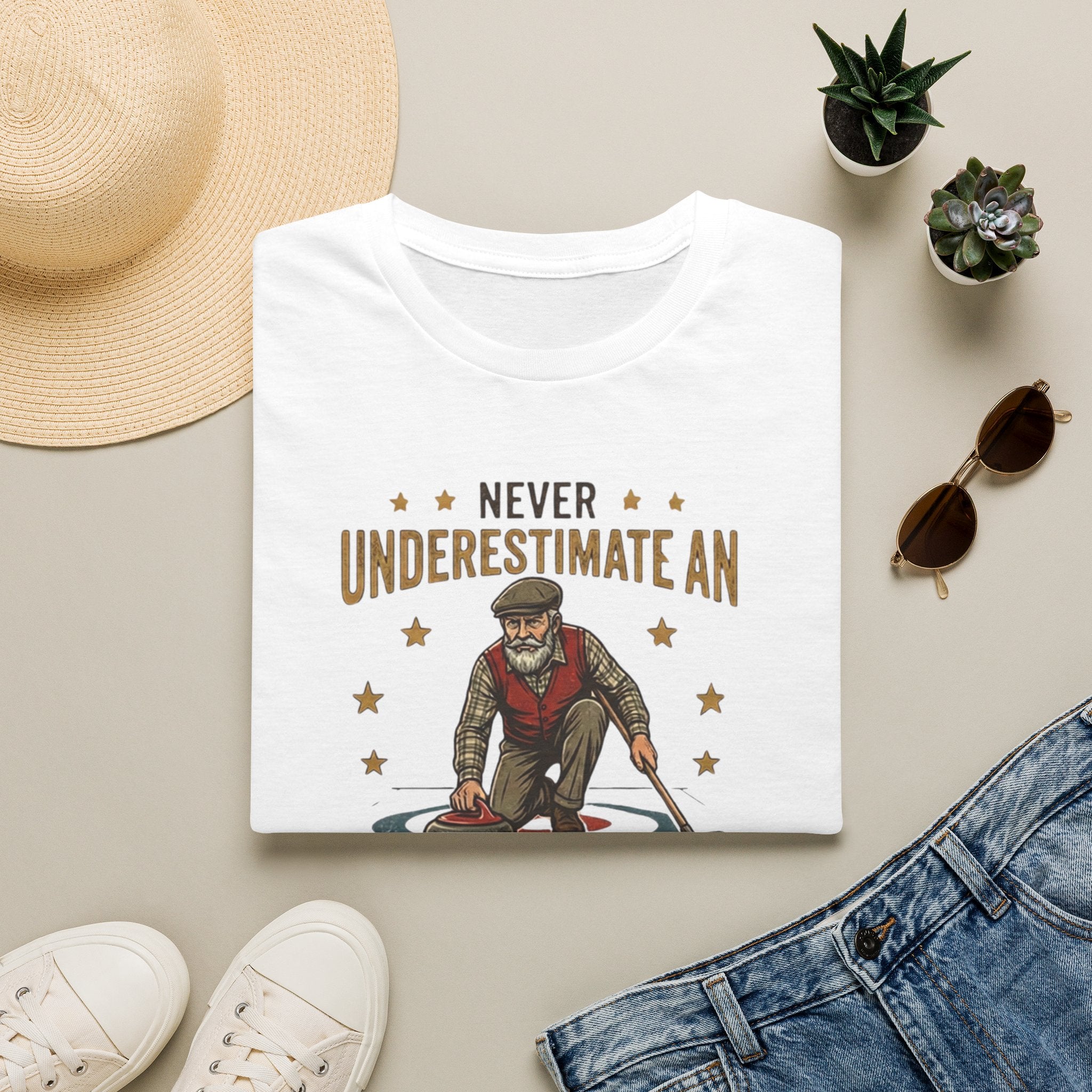 T‑Shirt — "Never Underestimate an Old Man with a Broom" Vintage Curling Design