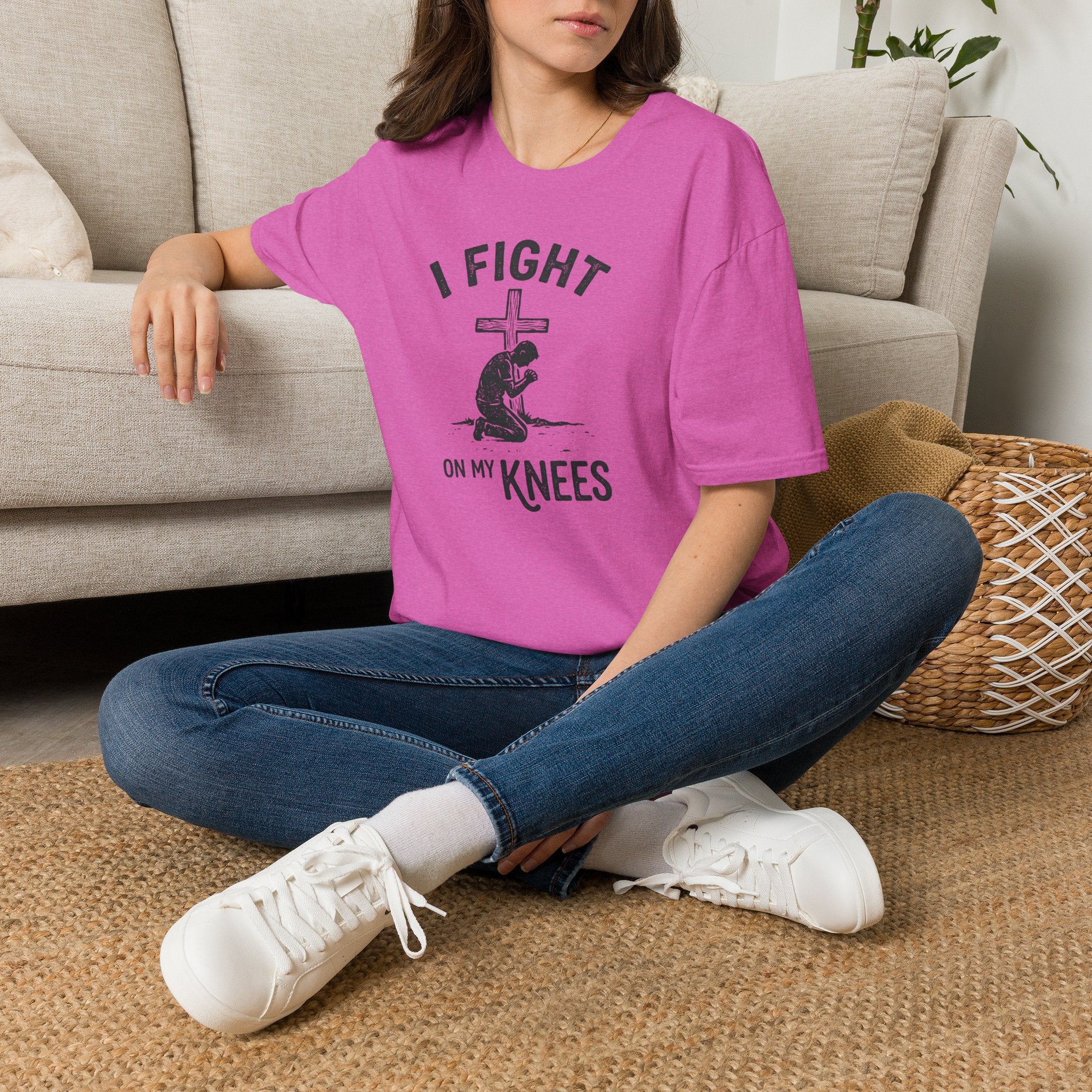 T-Shirt — "I Fight on My Knees" Prayer Graphic