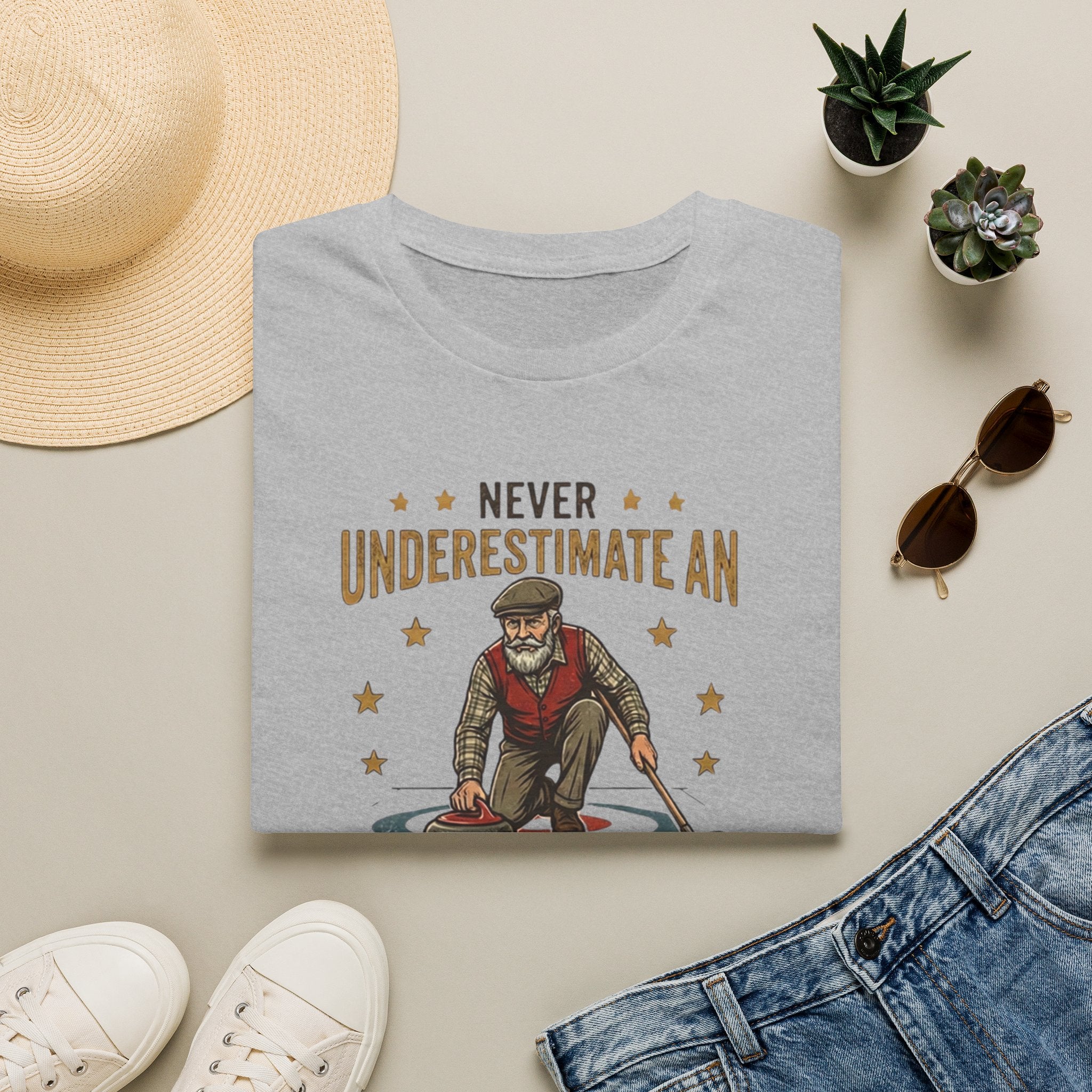 T‑Shirt — "Never Underestimate an Old Man with a Broom" Vintage Curling Design