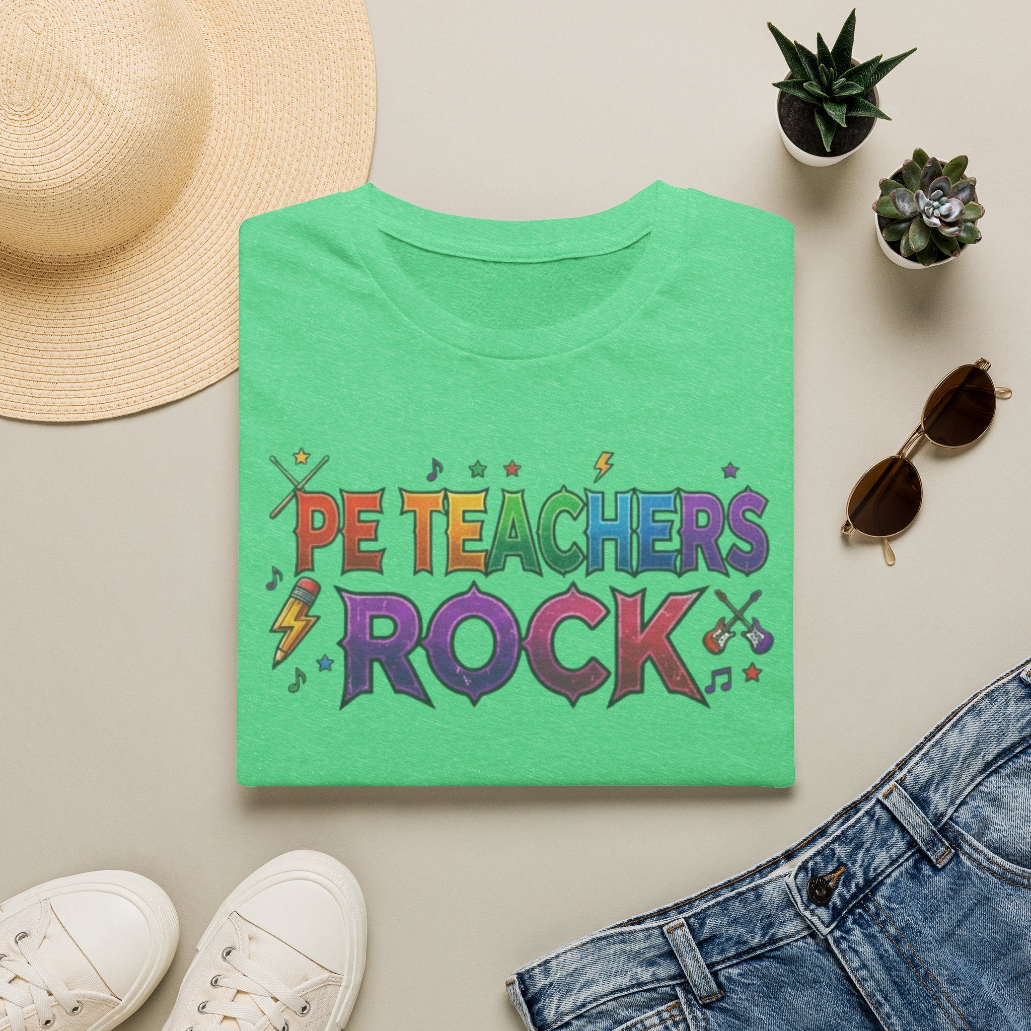 PE Teachers Rock T-Shirt — Colorful Retro Music Graphic Tee for Elementary & Special Ed Educators