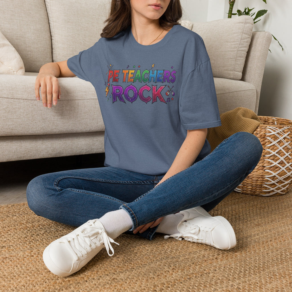 PE Teachers Rock T-Shirt — Colorful Retro Music Graphic Tee for Elementary & Special Ed Educators