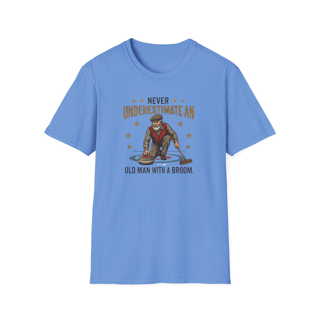 T‑Shirt — "Never Underestimate an Old Man with a Broom" Vintage Curling Design