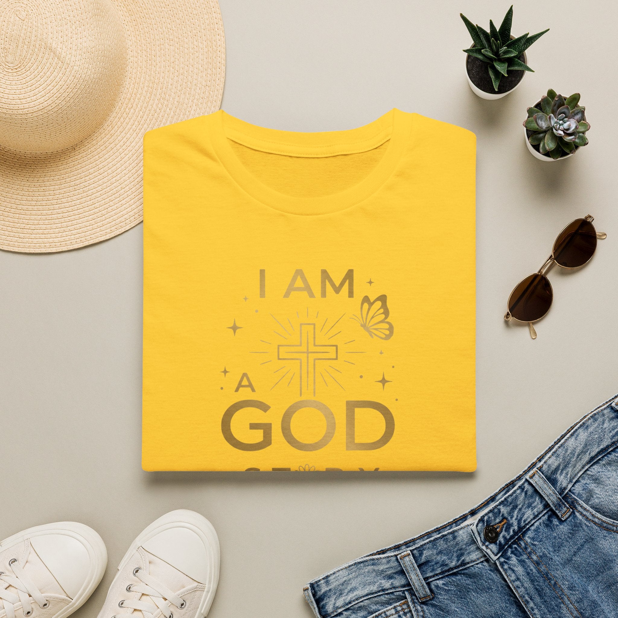 I Am a Godstory T-Shirt — Christian Faith Cross Tee (Butterfly & Inspirational Scripture Design)