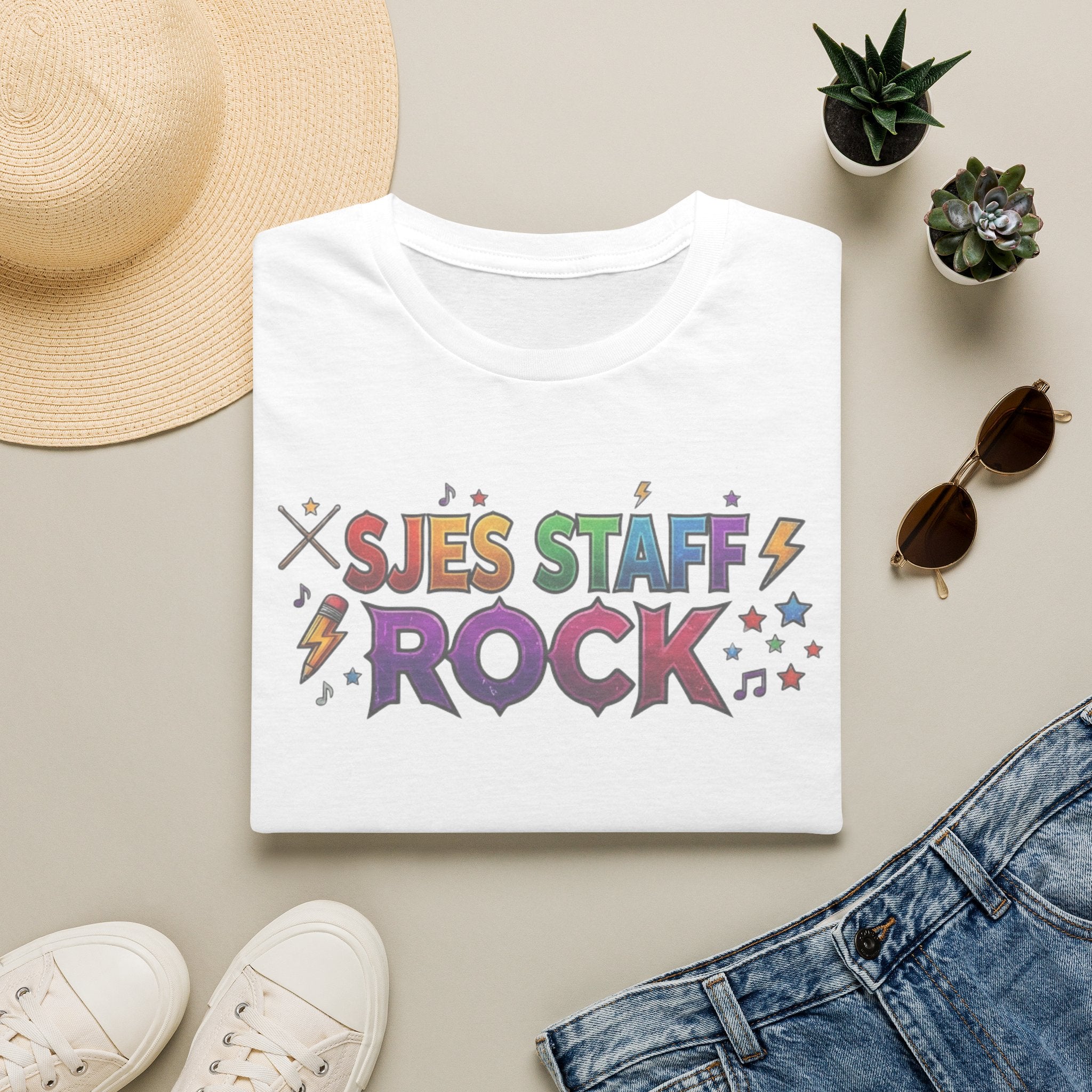 SJES Staff Rock T-Shirt — Colorful Retro School Staff Appreciation Tee