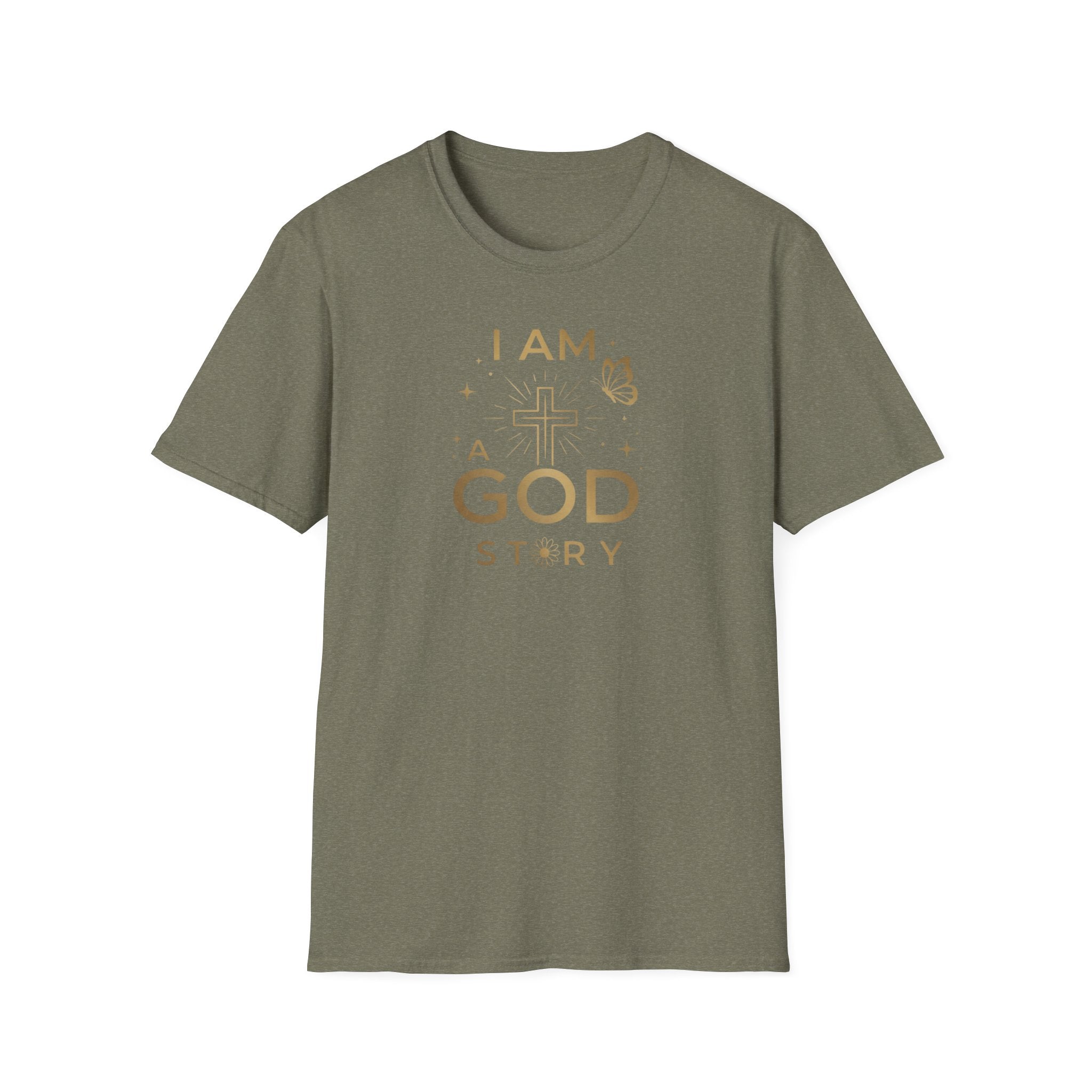 I Am a Godstory T-Shirt — Christian Faith Cross Tee (Butterfly & Inspirational Scripture Design)