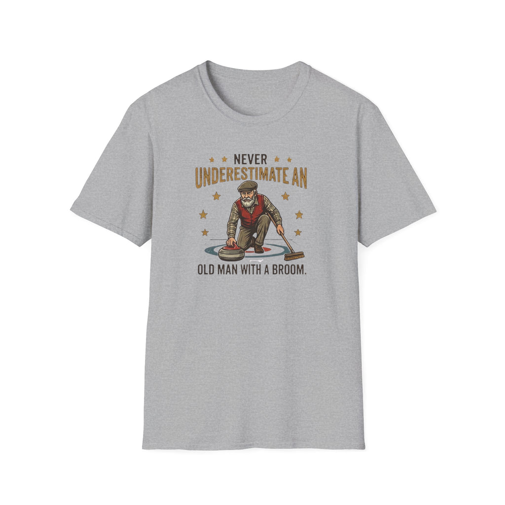 T‑Shirt — "Never Underestimate an Old Man with a Broom" Vintage Curling Design