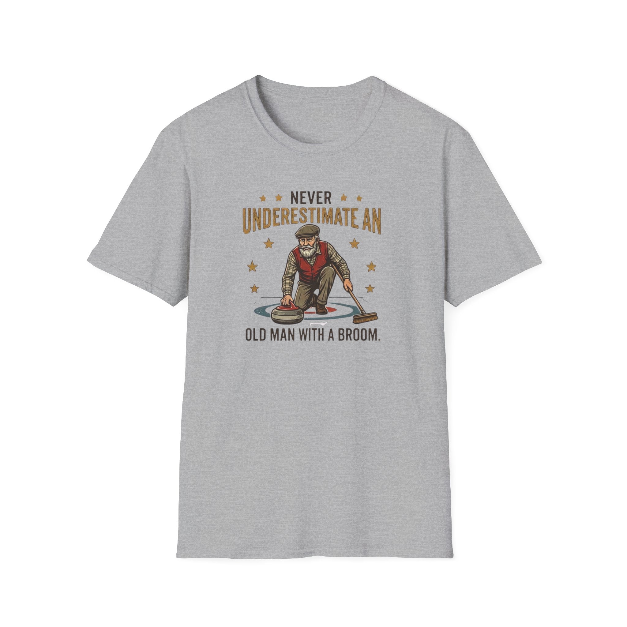 T‑Shirt — "Never Underestimate an Old Man with a Broom" Vintage Curling Design