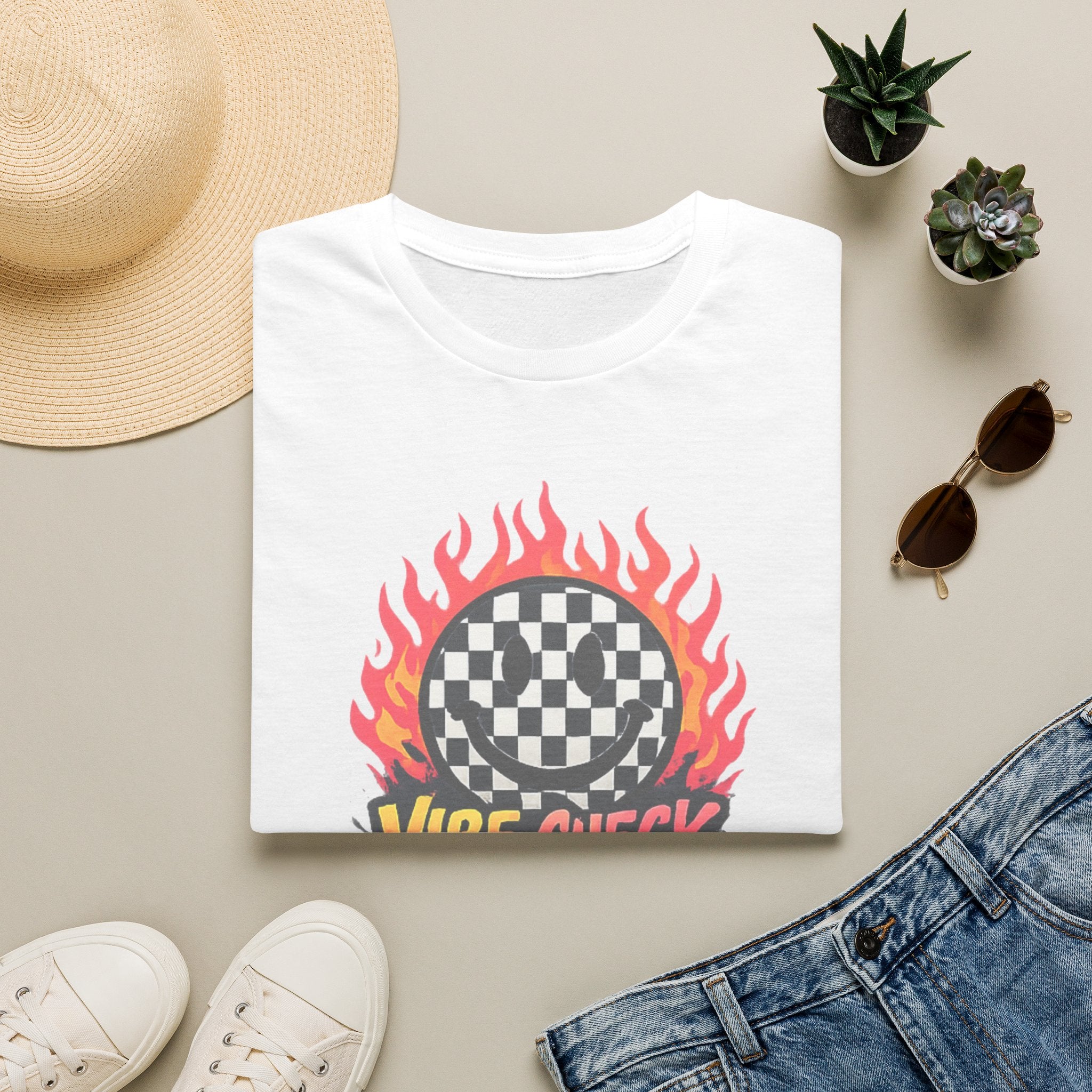 Vibe Check Graphic T-Shirt — Checkerboard Flame Design