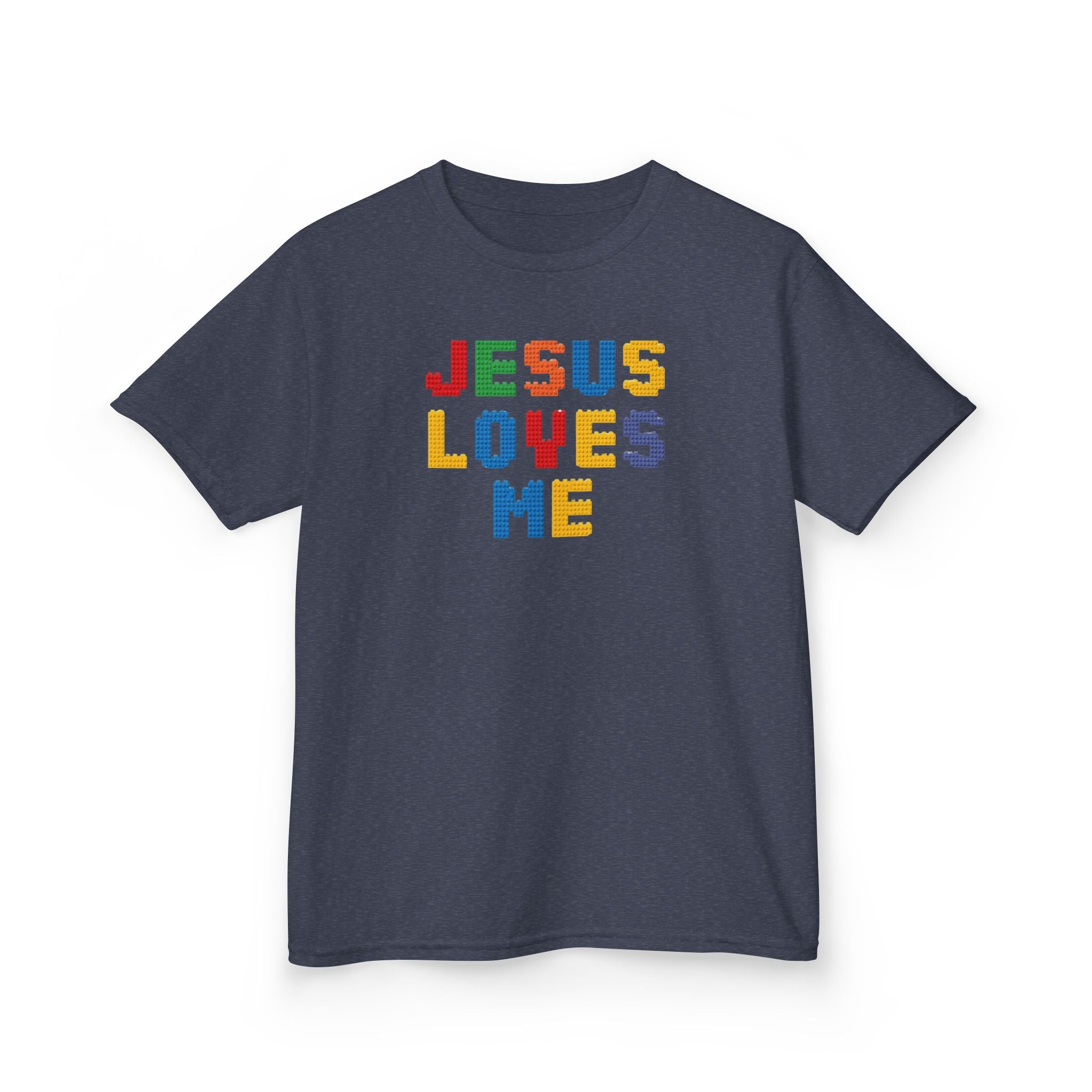 Kids T-Shirt — "Jesus Loves Me" Colorful Block Letter Tee