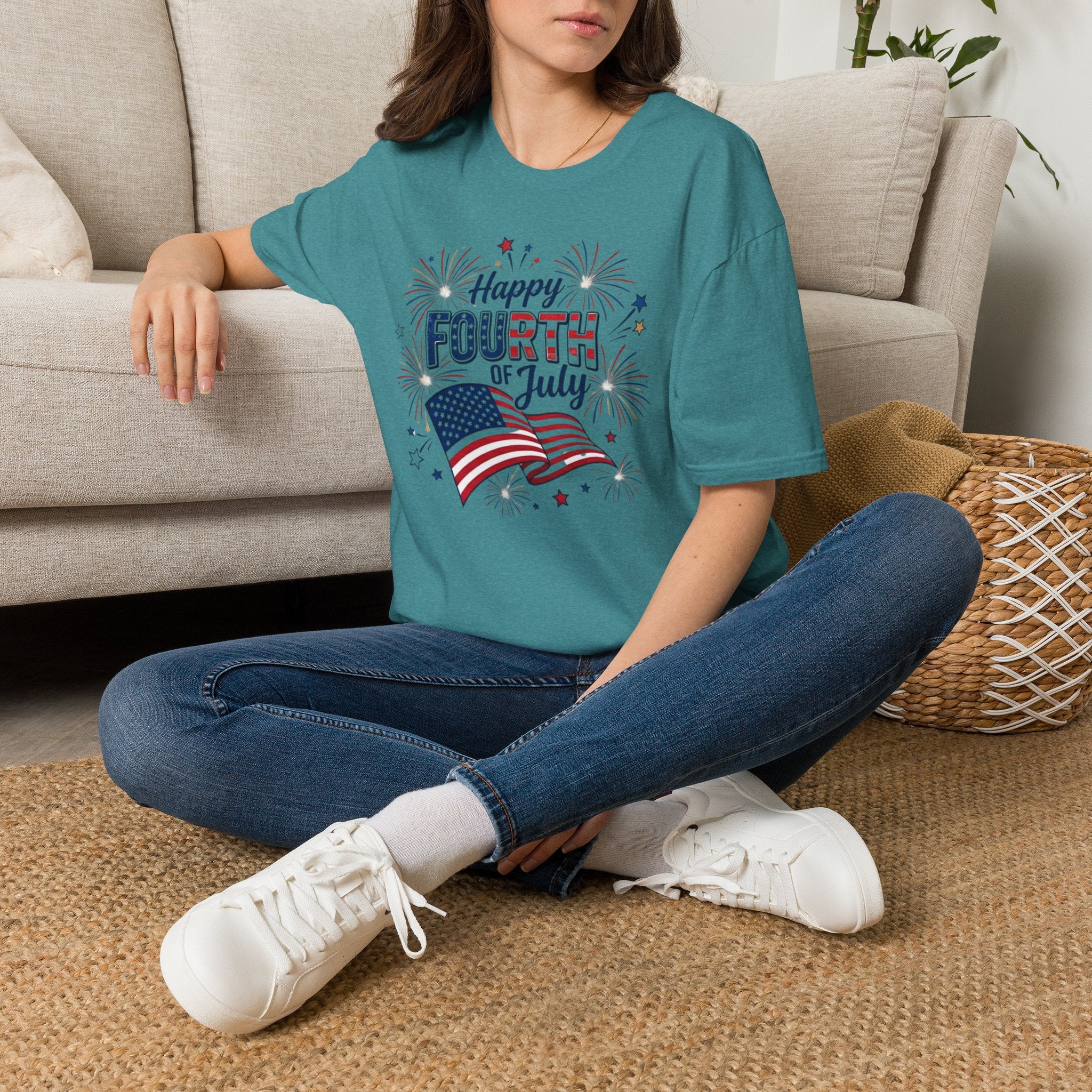 Fourth of July T-Shirt — "Happy Fourth of July" Patriotic Fireworks Flag Tee