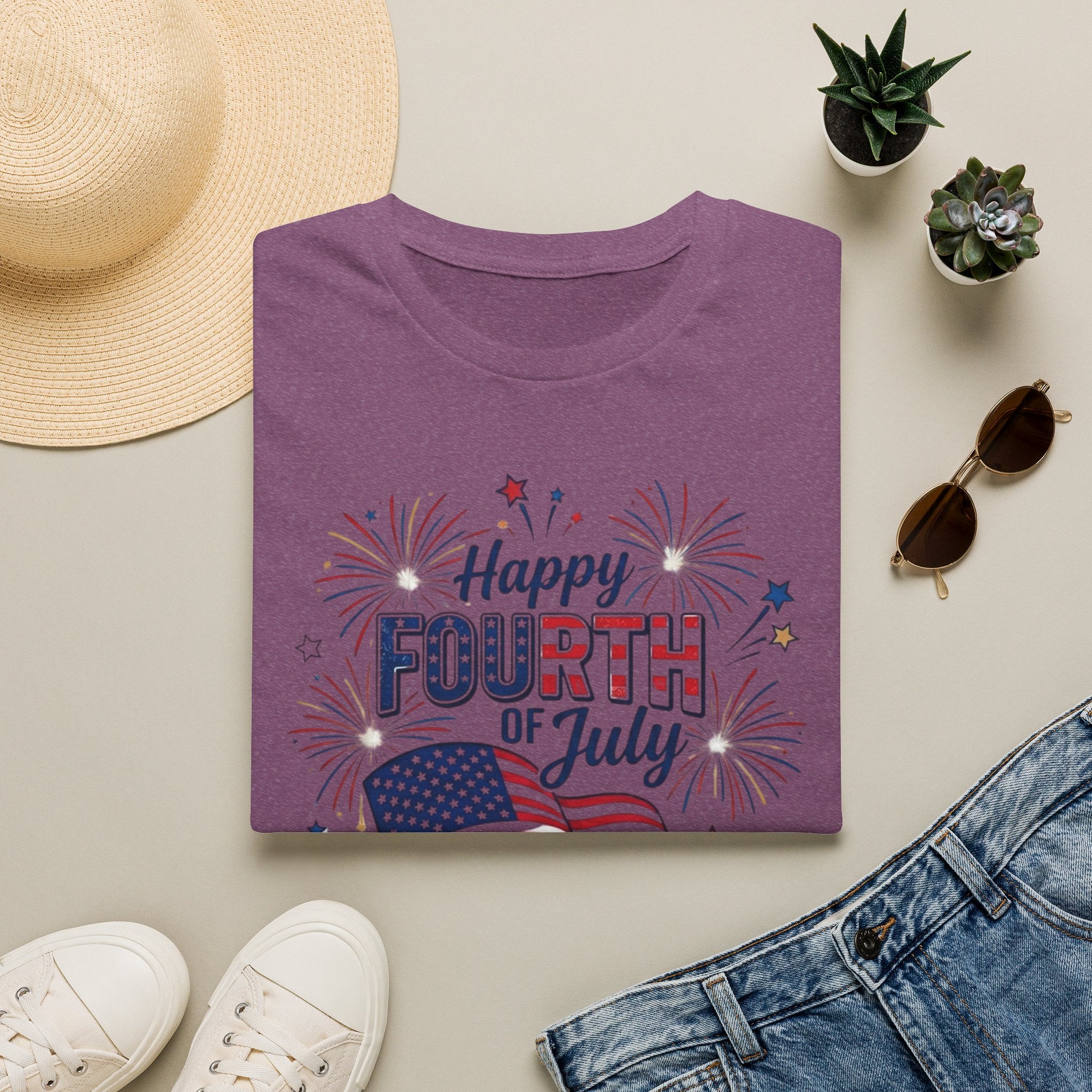 Fourth of July T-Shirt — "Happy Fourth of July" Patriotic Fireworks Flag Tee