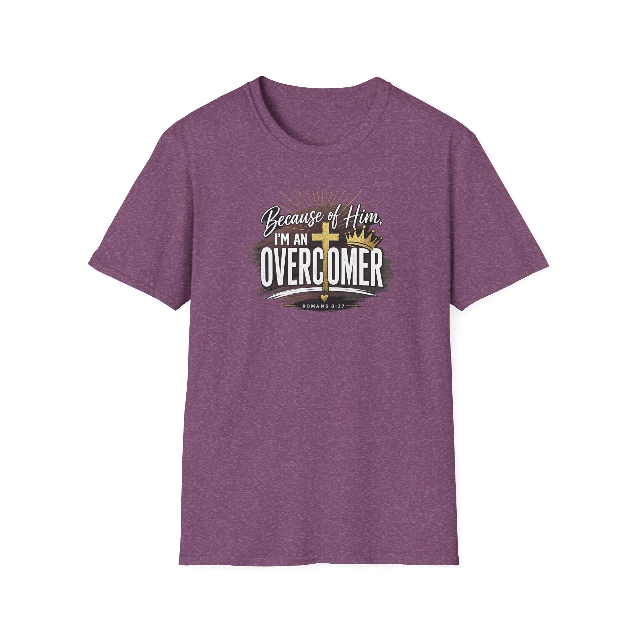 Because of Him I’m an Overcomer T-Shirt — Christian Inspirational Faith Tee