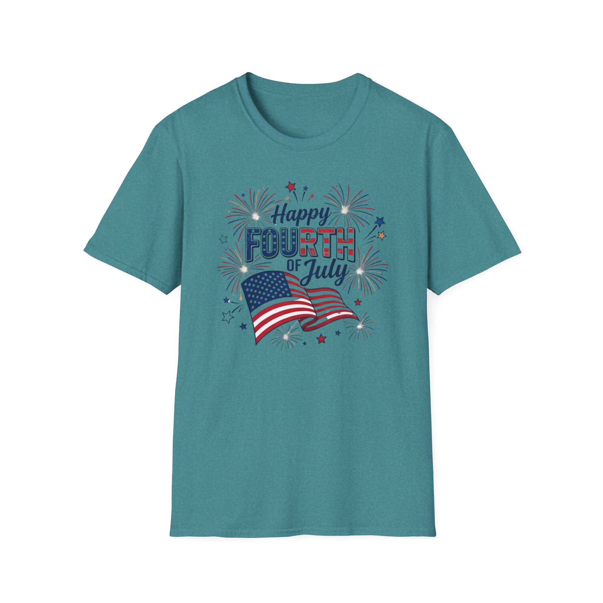 Fourth of July T-Shirt — "Happy Fourth of July" Patriotic Fireworks Flag Tee