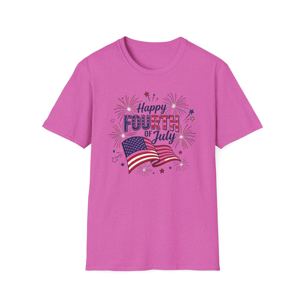 Fourth of July T-Shirt — "Happy Fourth of July" Patriotic Fireworks Flag Tee