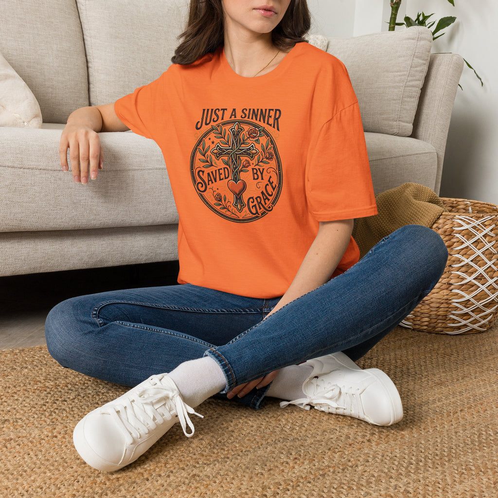 Christian Faith T-Shirt — "Just a Sinner, Saved by Grace" Cross Design
