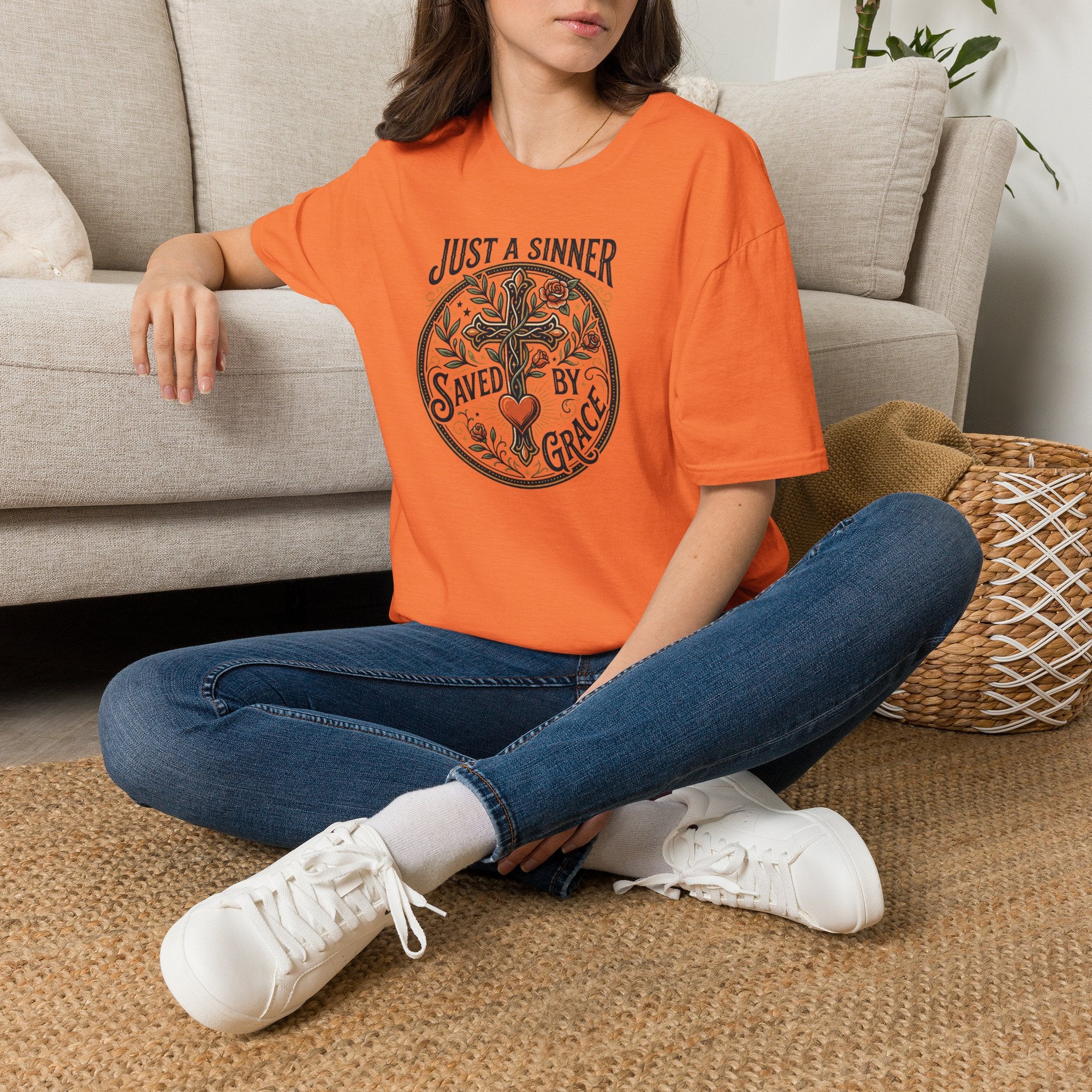 Christian Faith T-Shirt — "Just a Sinner, Saved by Grace" Cross Design