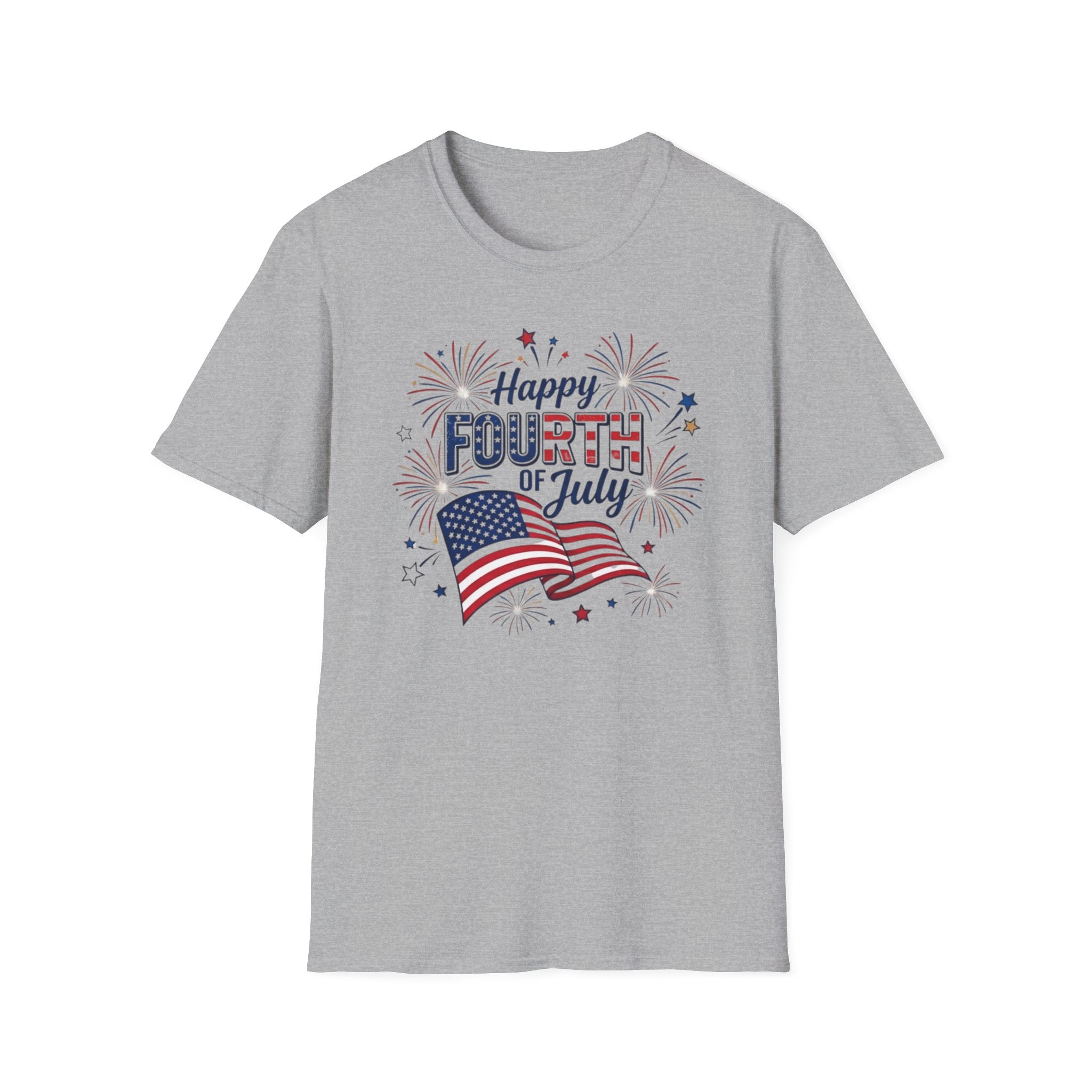Fourth of July T-Shirt — "Happy Fourth of July" Patriotic Fireworks Flag Tee