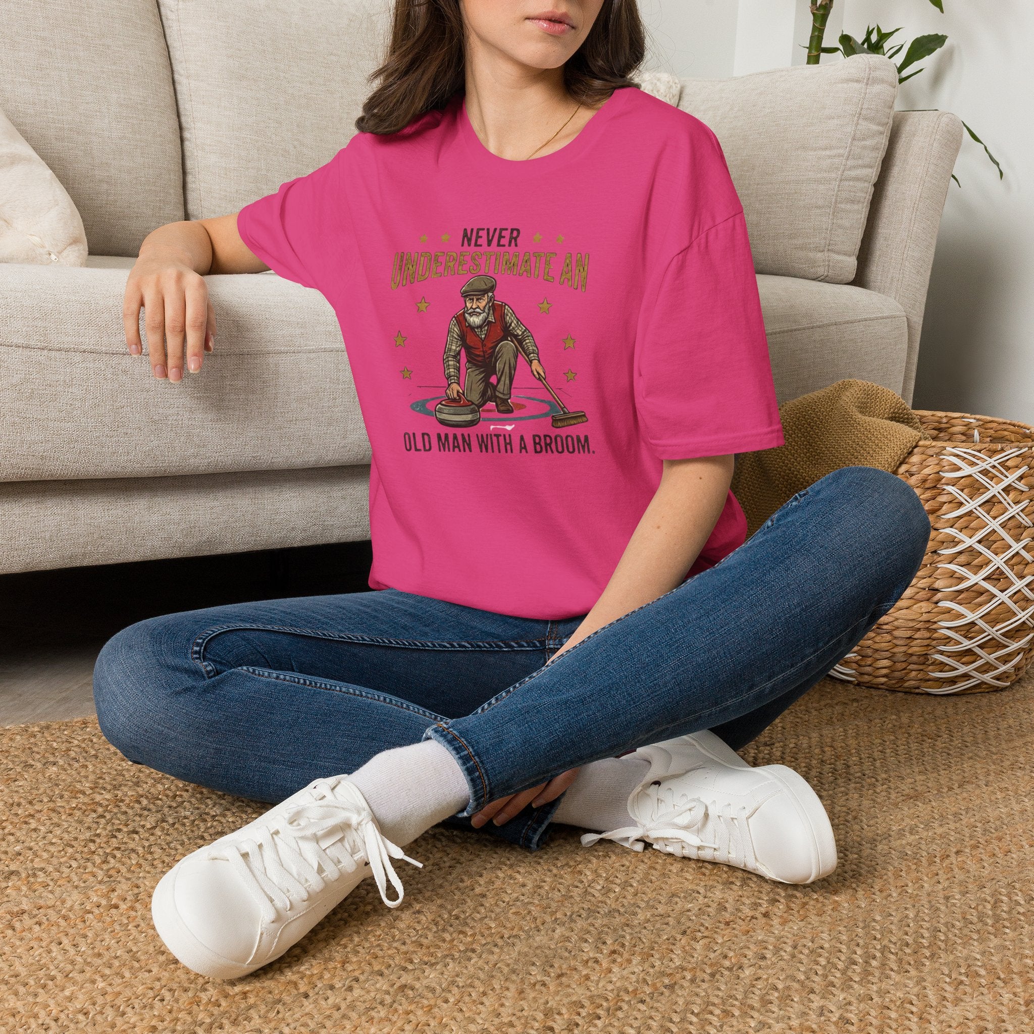 T‑Shirt — "Never Underestimate an Old Man with a Broom" Vintage Curling Design