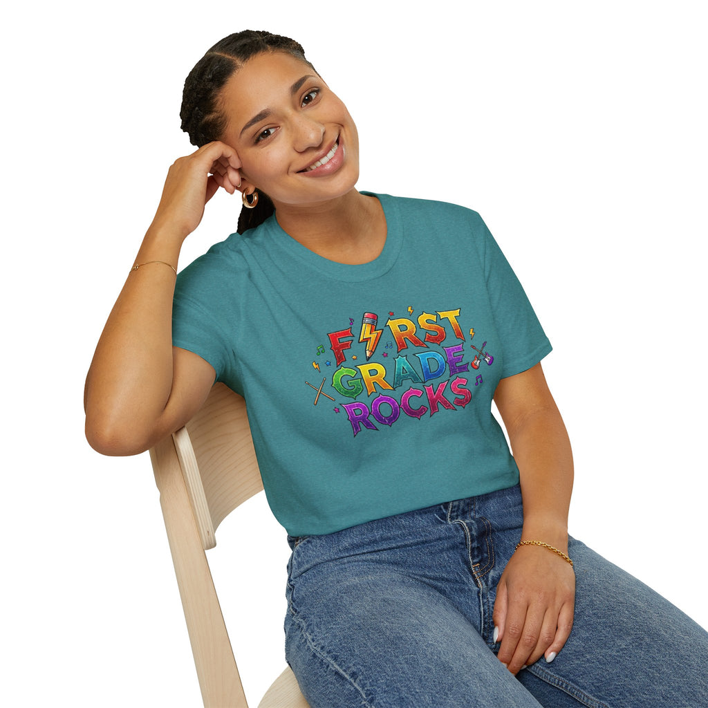 First Grade Rocks T-Shirt — Colorful Back-to-School Tee for Teachers & Students