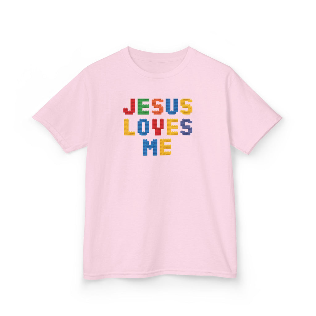 Kids T-Shirt — "Jesus Loves Me" Colorful Block Letter Tee