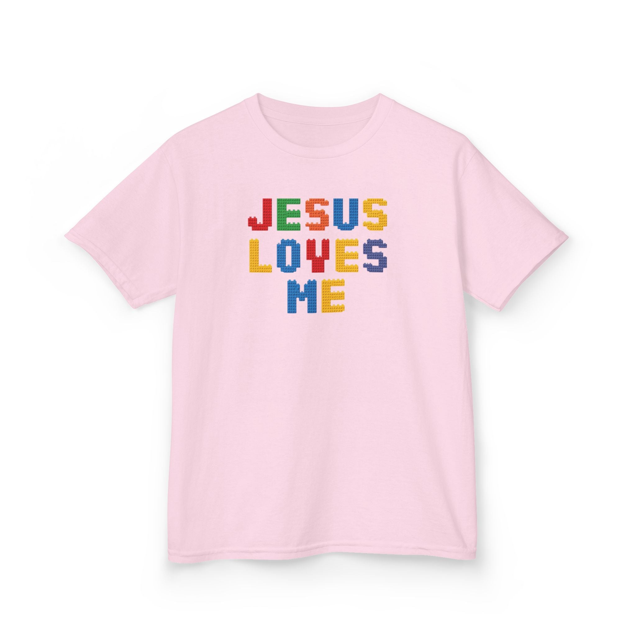 Kids T-Shirt — "Jesus Loves Me" Colorful Block Letter Tee