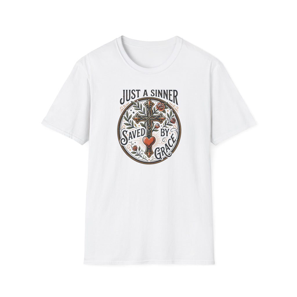 Christian Faith T-Shirt — "Just a Sinner, Saved by Grace" Cross Design