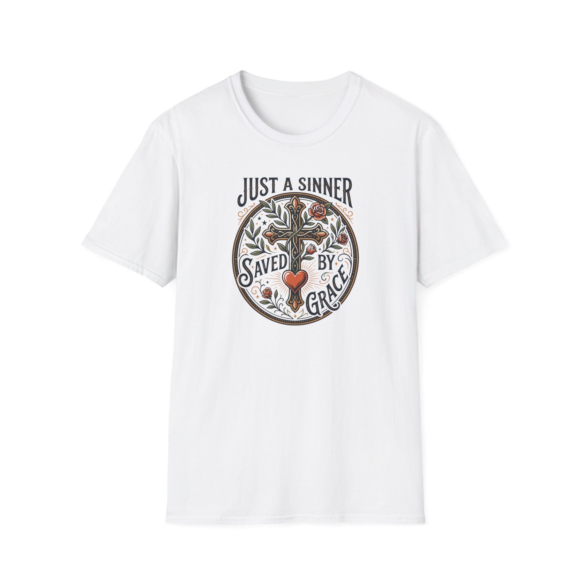 Christian Faith T-Shirt — "Just a Sinner, Saved by Grace" Cross Design