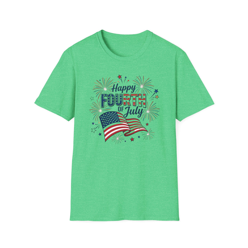 Fourth of July T-Shirt — "Happy Fourth of July" Patriotic Fireworks Flag Tee