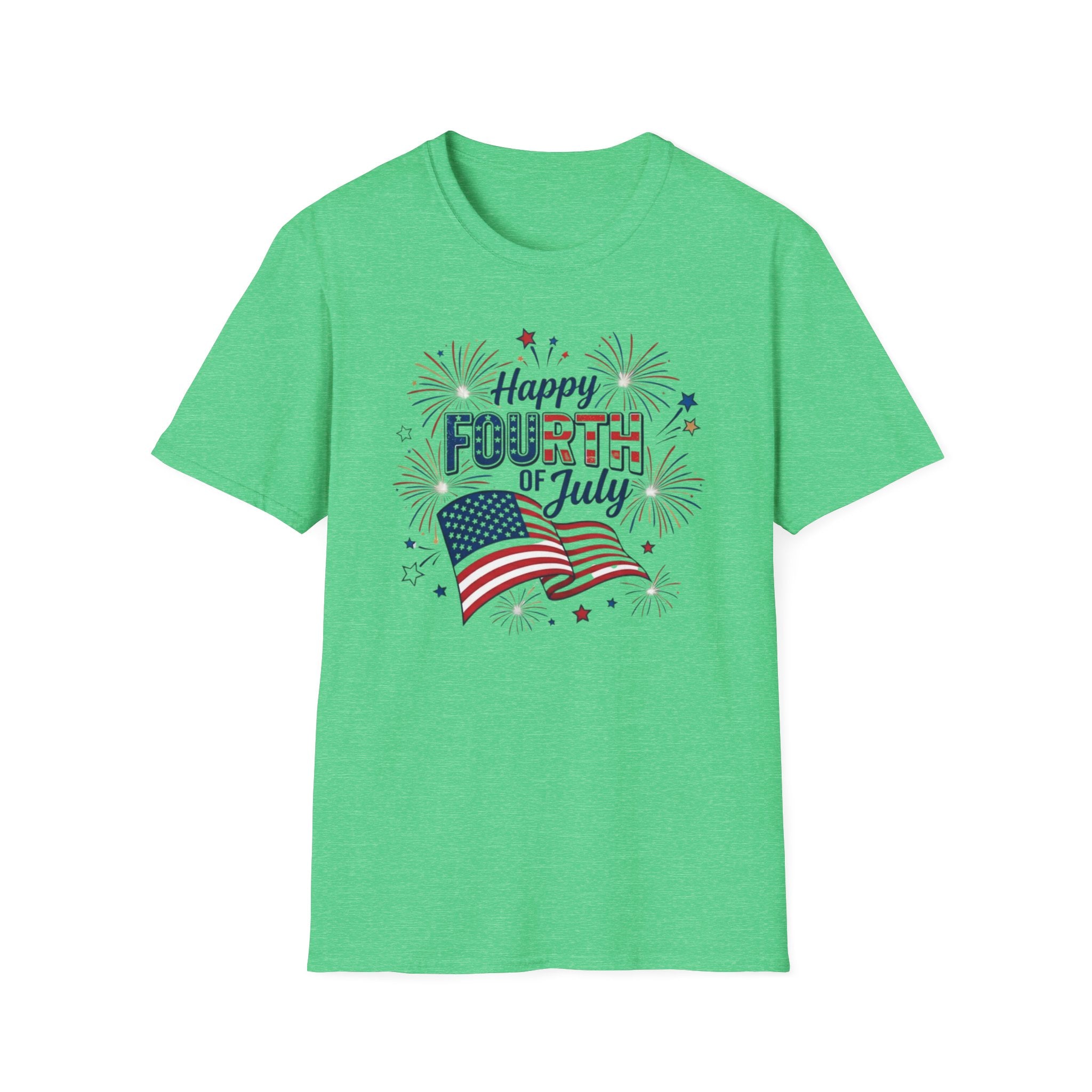 Fourth of July T-Shirt — "Happy Fourth of July" Patriotic Fireworks Flag Tee