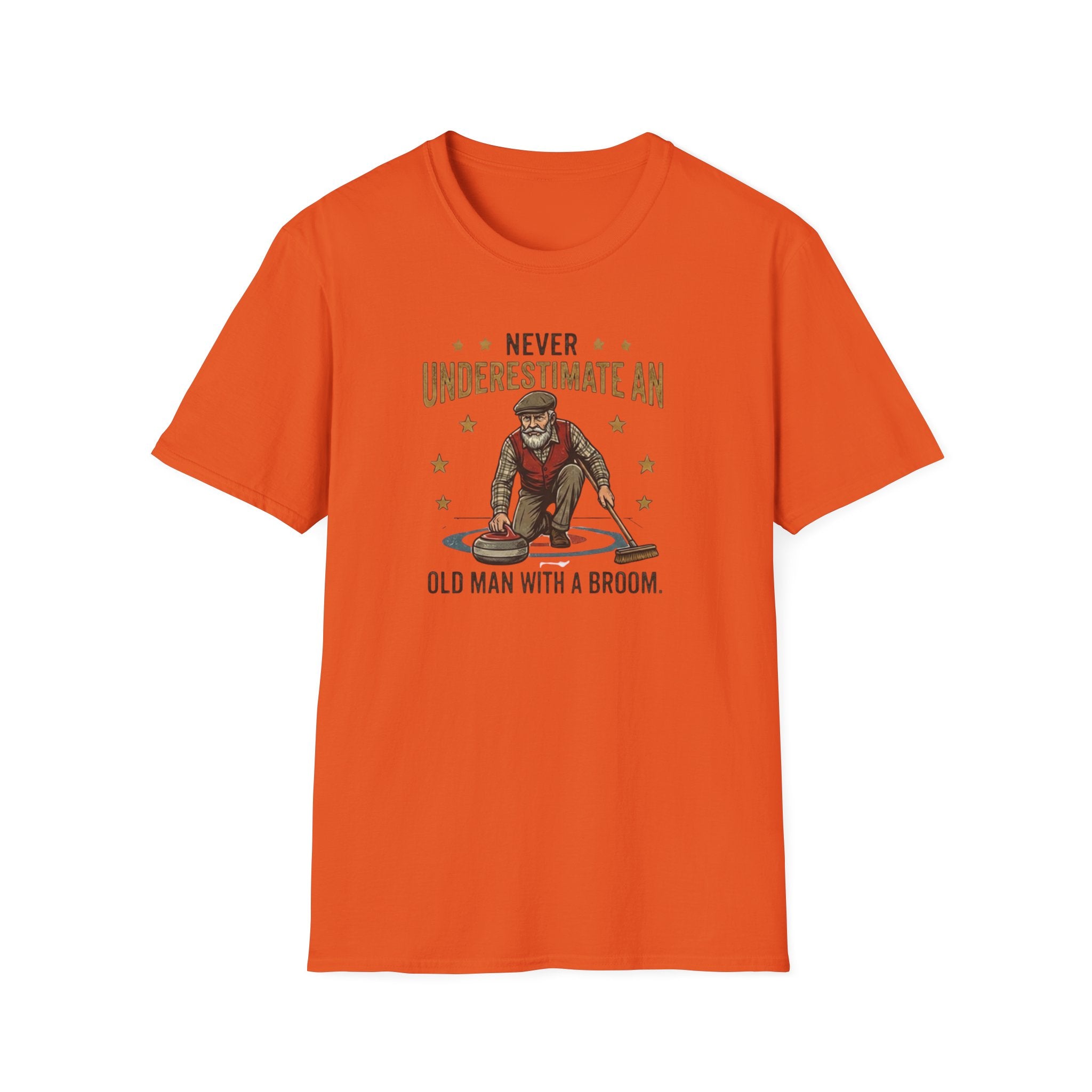 T‑Shirt — "Never Underestimate an Old Man with a Broom" Vintage Curling Design