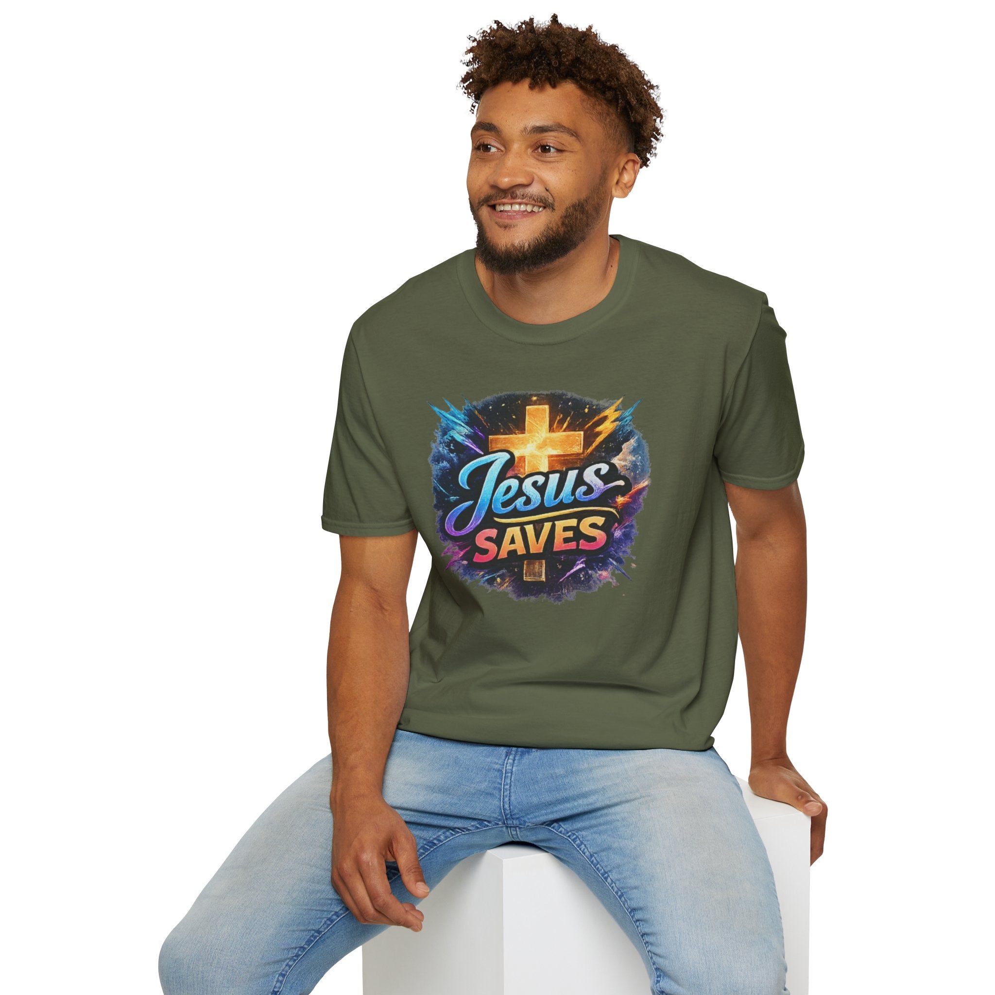 Jesus Saves T-Shirt — Colorful Cross Christian Faith Tee