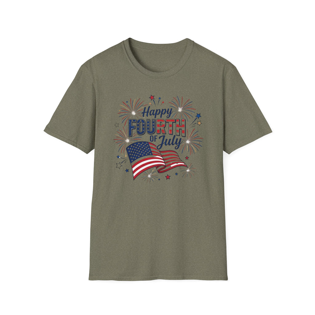 Fourth of July T-Shirt — "Happy Fourth of July" Patriotic Fireworks Flag Tee