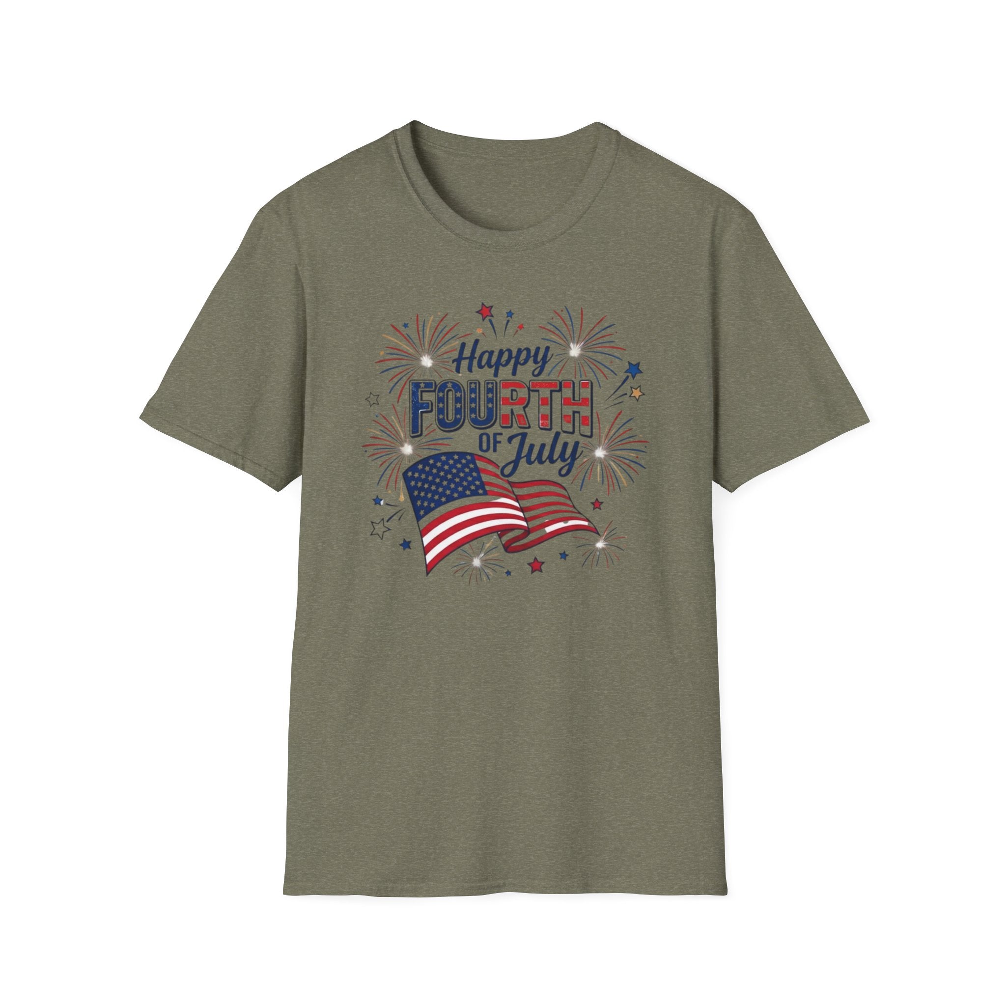 Fourth of July T-Shirt — "Happy Fourth of July" Patriotic Fireworks Flag Tee