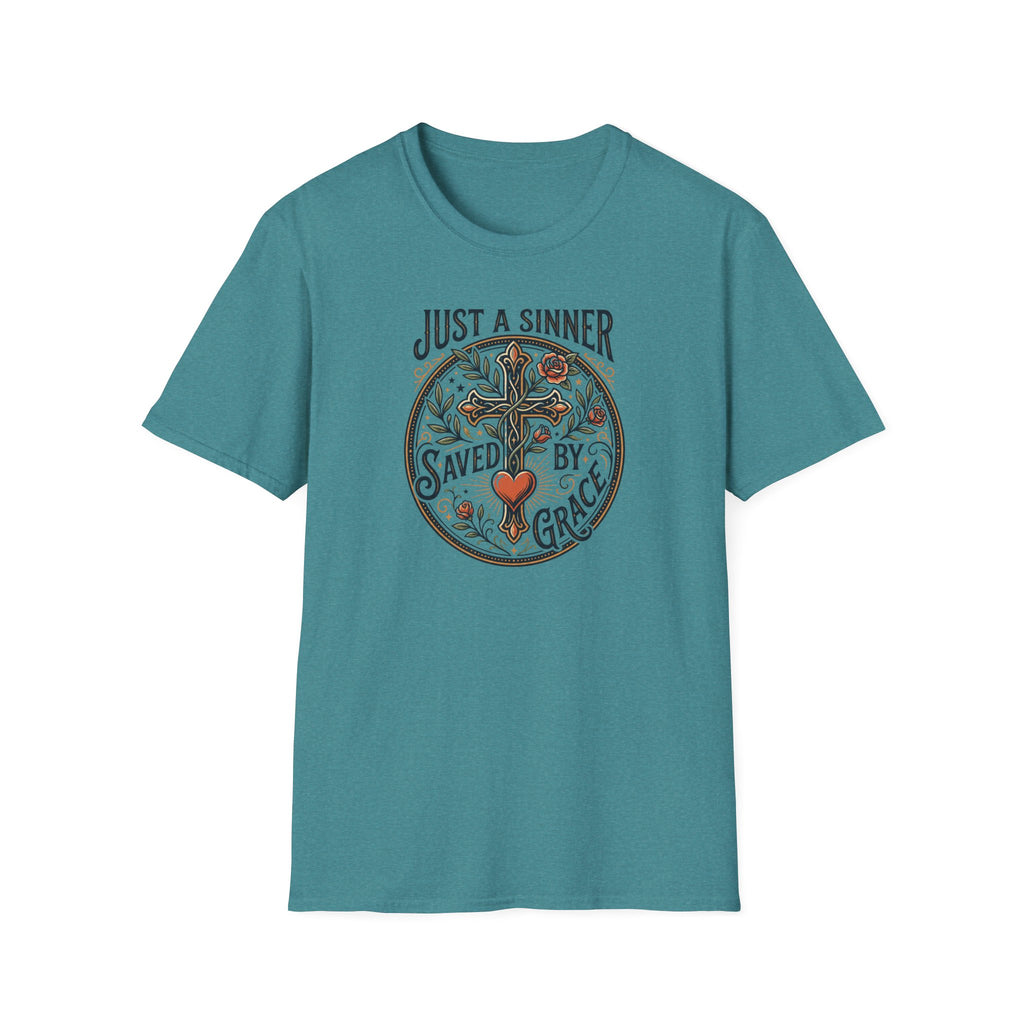 Christian Faith T-Shirt — "Just a Sinner, Saved by Grace" Cross Design