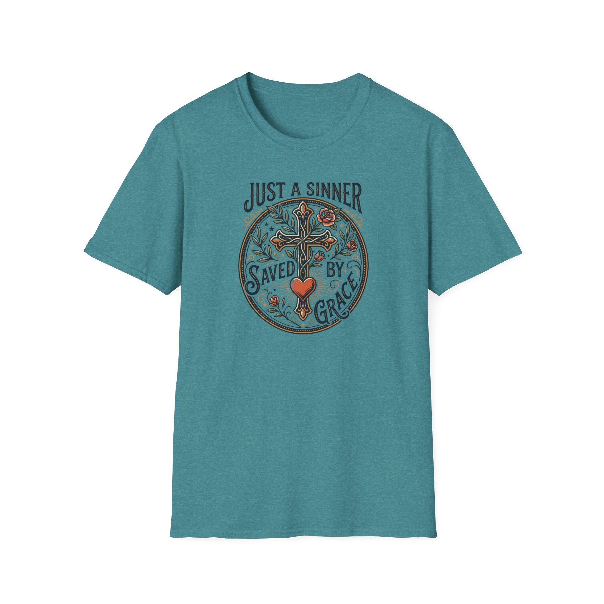 Christian Faith T-Shirt — "Just a Sinner, Saved by Grace" Cross Design